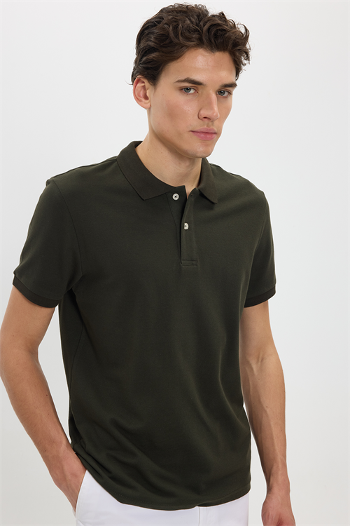 Erkek Slim Fit Dar Kesim %100 Pamuk Kısa Kollu Polo Yaka Haki Tişört