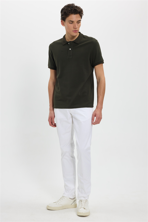 Erkek Slim Fit Dar Kesim %100 Pamuk Kısa Kollu Polo Yaka Haki Tişört