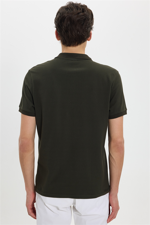 Erkek Slim Fit Dar Kesim %100 Pamuk Kısa Kollu Polo Yaka Haki Tişört