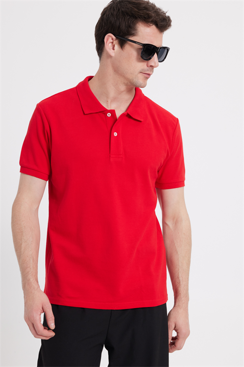 Erkek Slim Fit Dar Kesim %100 Pamuk Kısa Kollu Polo Yaka Kırmızı Tişört