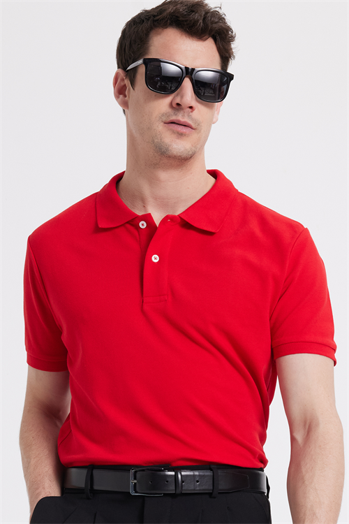 Erkek Slim Fit Dar Kesim %100 Pamuk Kısa Kollu Polo Yaka Kırmızı Tişört