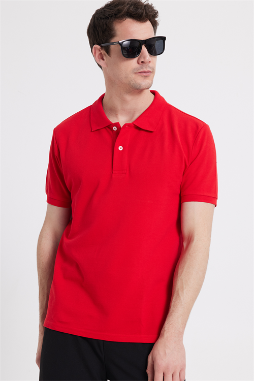 Erkek Slim Fit Dar Kesim %100 Pamuk Kısa Kollu Polo Yaka Kırmızı Tişört