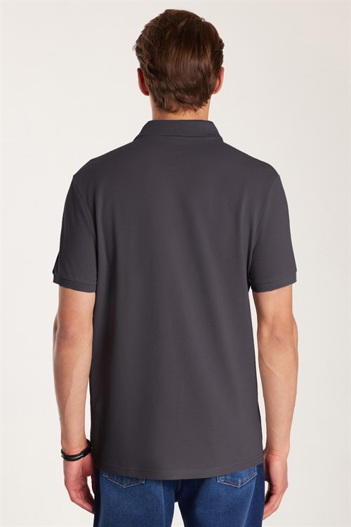Erkek Slim Fit Dar Kesim %100 Pamuk Kısa Kollu Polo Yaka Antrasit Tişört