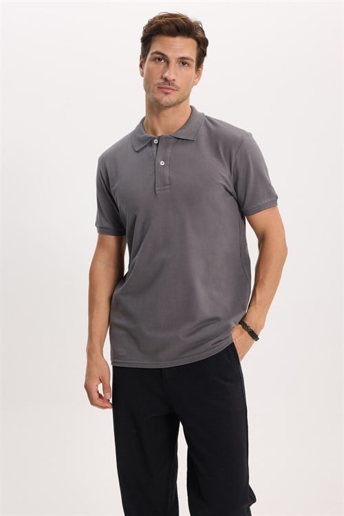 Erkek Slim Fit Dar Kesim %100 Pamuk Kısa Kollu Polo Yaka Antrasit Tişört
