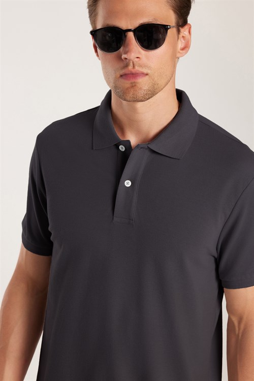 Erkek Slim Fit Dar Kesim %100 Pamuk Kısa Kollu Polo Yaka Antrasit Tişört