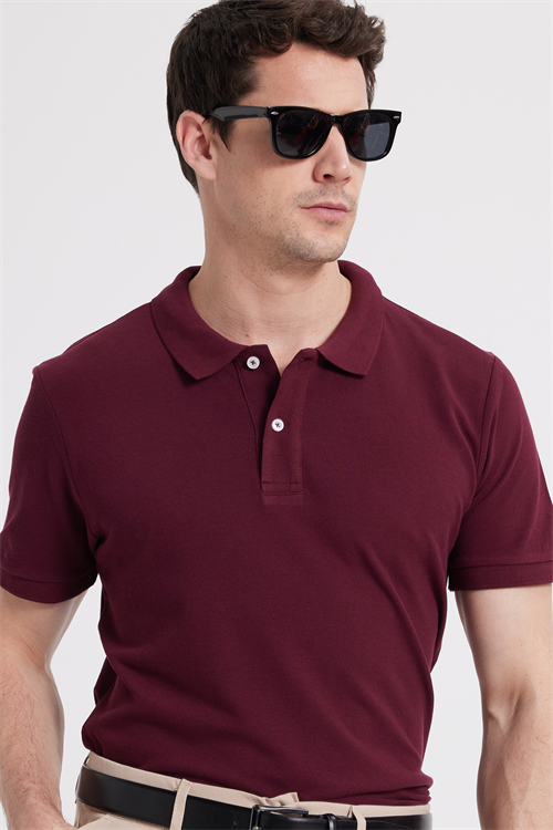 Erkek Slim Fit Dar Kesim %100 Pamuk Kısa Kollu Polo Yaka Bordo Tişört