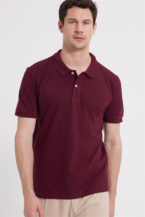 Erkek Slim Fit Dar Kesim %100 Pamuk Kısa Kollu Polo Yaka Bordo Tişört