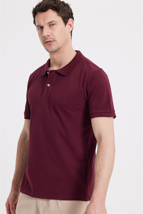 Erkek Slim Fit Dar Kesim %100 Pamuk Kısa Kollu Polo Yaka Bordo Tişört