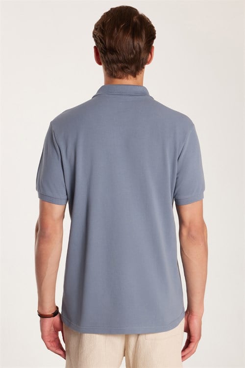 Erkek Slim Fit Dar Kesim %100 Pamuk Kısa Kollu Polo Yaka İndigo Tişört