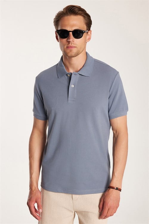 Erkek Slim Fit Dar Kesim %100 Pamuk Kısa Kollu Polo Yaka İndigo Tişört