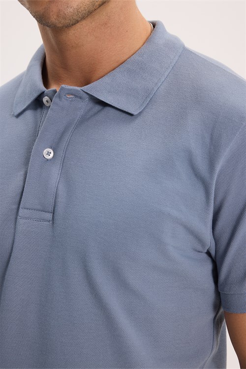 Erkek Slim Fit Dar Kesim %100 Pamuk Kısa Kollu Polo Yaka İndigo Tişört