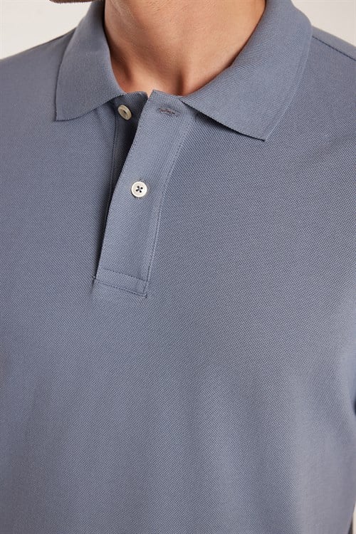 Erkek Slim Fit Dar Kesim %100 Pamuk Kısa Kollu Polo Yaka İndigo Tişört