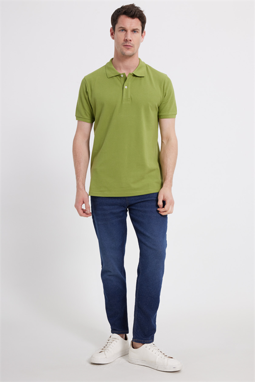 Erkek Slim Fit Dar Kesim %100 Pamuk Kısa Kollu Polo Yaka Yeşil Tişört