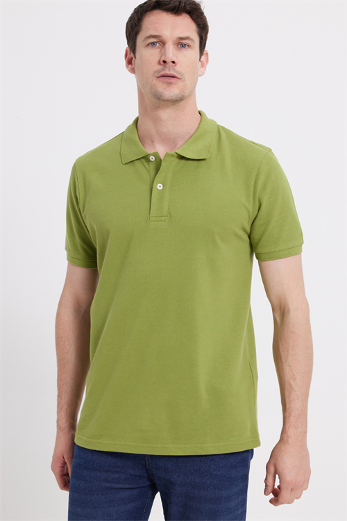 Erkek Slim Fit Dar Kesim %100 Pamuk Kısa Kollu Polo Yaka Yeşil Tişört
