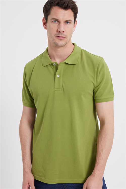 Erkek Slim Fit Dar Kesim %100 Pamuk Kısa Kollu Polo Yaka Yeşil Tişört