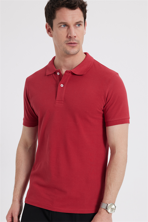 Erkek Slim Fit Dar Kesim %100 Pamuk Kısa Kollu Polo Yaka Kırmızı Tişört