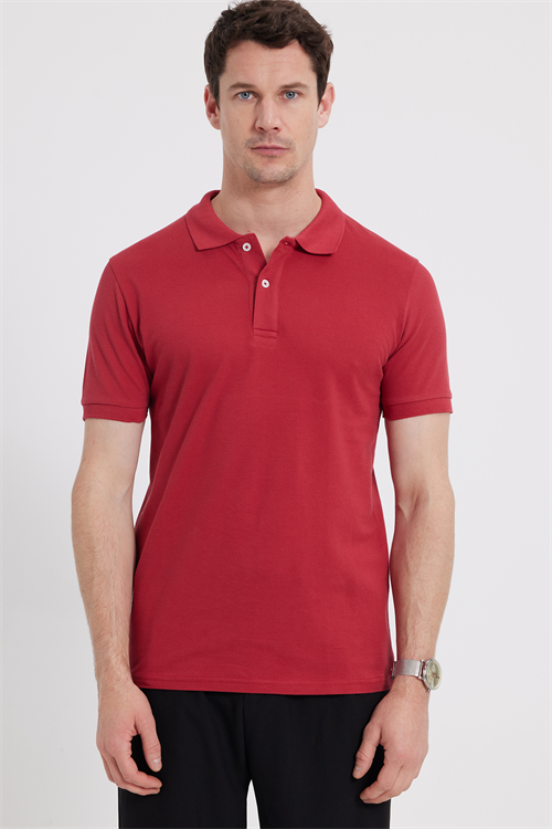 Erkek Slim Fit Dar Kesim %100 Pamuk Kısa Kollu Polo Yaka Kırmızı Tişört