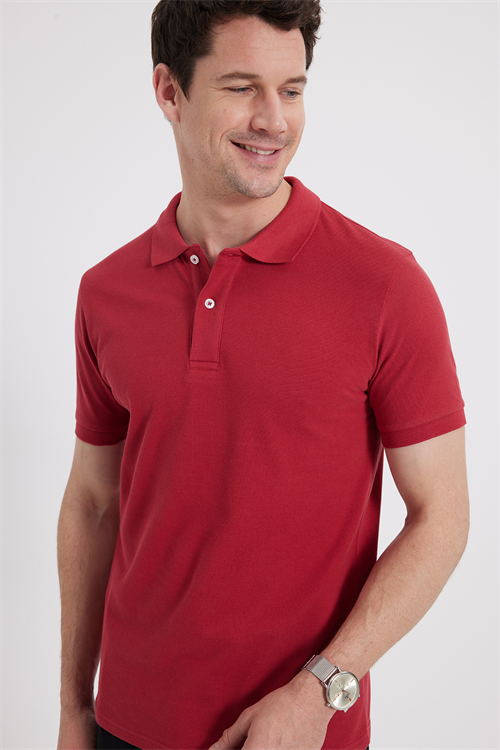 Erkek Slim Fit Dar Kesim %100 Pamuk Kısa Kollu Polo Yaka Kırmızı Tişört