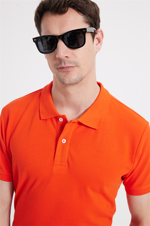 Erkek Slim Fit Dar Kesim %100 Pamuk Kısa Kollu Polo Yaka Turuncu Tişört