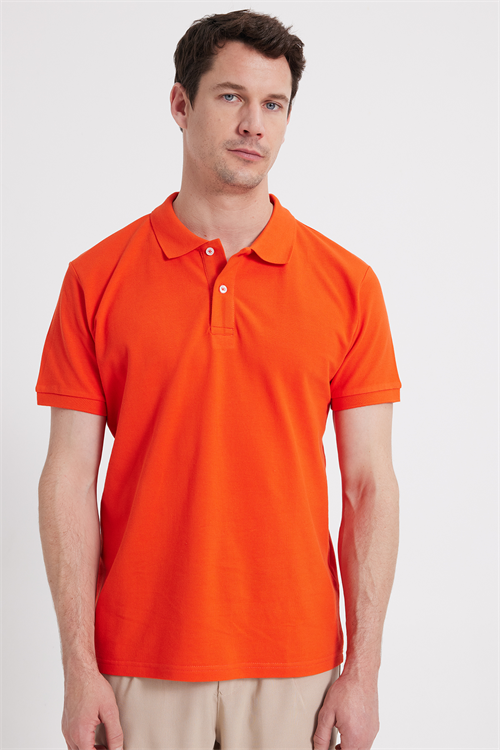 Erkek Slim Fit Dar Kesim %100 Pamuk Kısa Kollu Polo Yaka Turuncu Tişört
