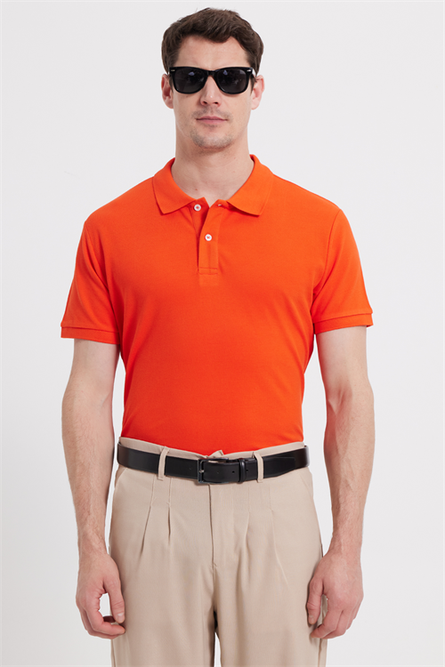 Erkek Slim Fit Dar Kesim %100 Pamuk Kısa Kollu Polo Yaka Turuncu Tişört