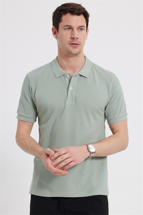 Erkek Slim Fit Dar Kesim %100 Pamuk Kısa Kollu Polo Yaka Yeşil Tişört