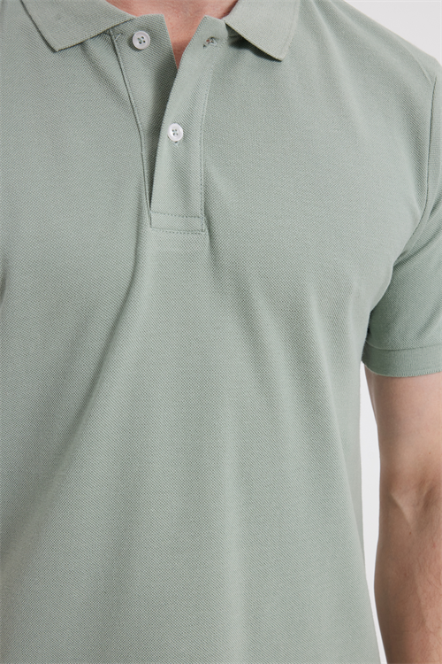 Erkek Slim Fit Dar Kesim %100 Pamuk Kısa Kollu Polo Yaka Yeşil Tişört