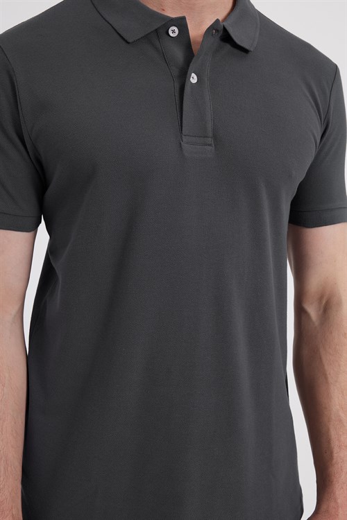 Erkek Slim Fit Dar Kesim %100 Pamuk Kısa Kollu Polo Yaka Antrasit Tişört