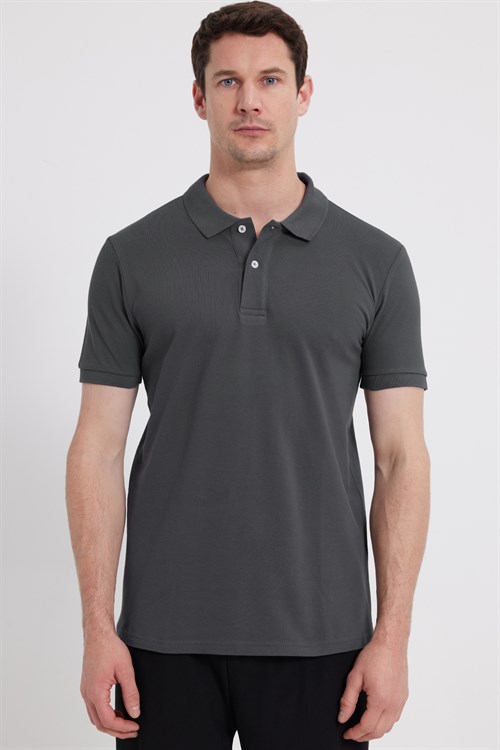 Erkek Slim Fit Dar Kesim %100 Pamuk Kısa Kollu Polo Yaka Antrasit Tişört