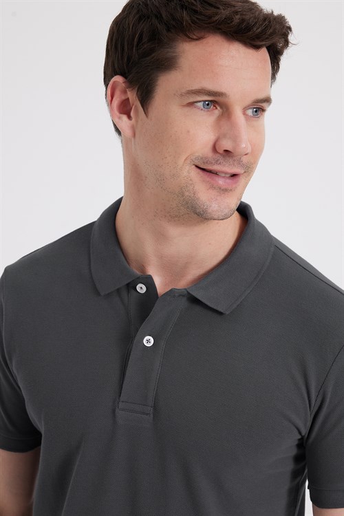 Erkek Slim Fit Dar Kesim %100 Pamuk Kısa Kollu Polo Yaka Antrasit Tişört