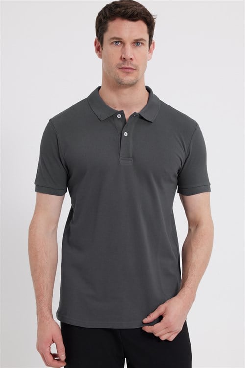 Erkek Slim Fit Dar Kesim %100 Pamuk Kısa Kollu Polo Yaka Antrasit Tişört