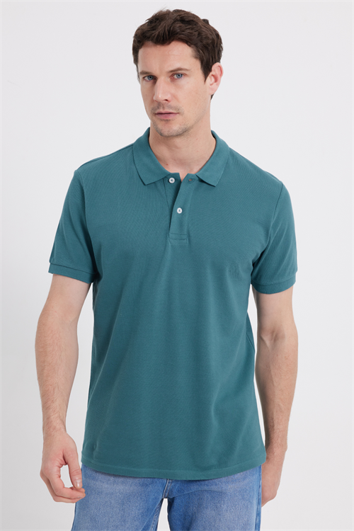 Erkek Slim Fit Dar Kesim %100 Pamuk Kısa Kollu Polo Yaka Yeşil Tişört