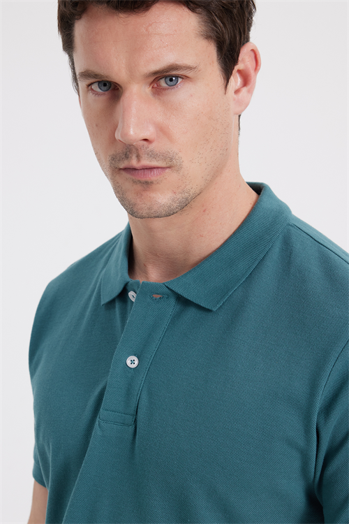 Erkek Slim Fit Dar Kesim %100 Pamuk Kısa Kollu Polo Yaka Yeşil Tişört