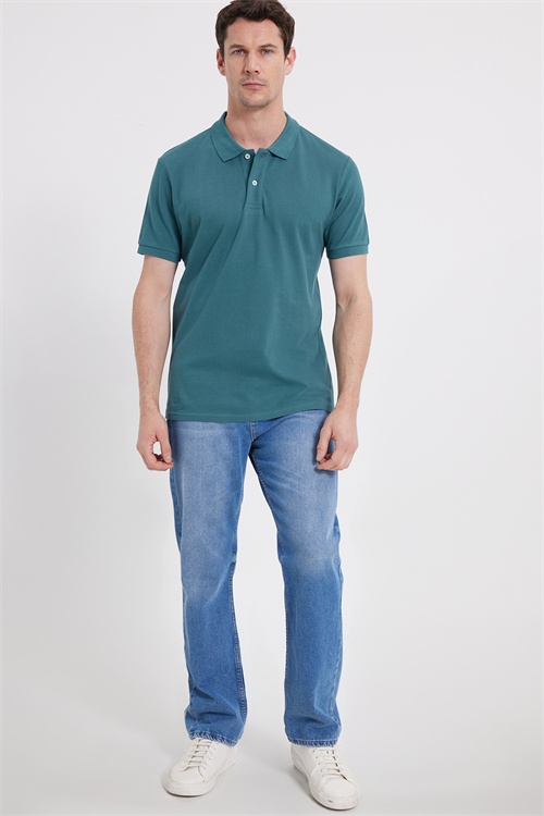 Erkek Slim Fit Dar Kesim %100 Pamuk Kısa Kollu Polo Yaka Yeşil Tişört