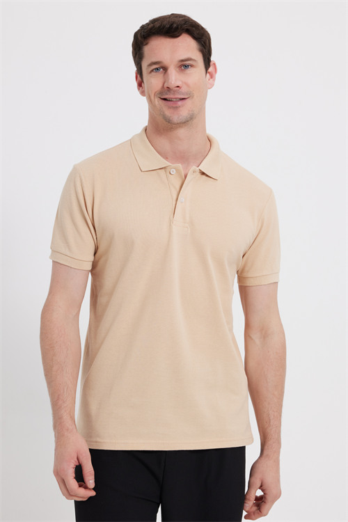 Erkek Slim Fit Dar Kesim %100 Pamuk Kısa Kollu Polo Yaka Bej Tişört