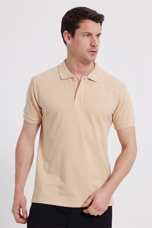 Erkek Slim Fit Dar Kesim %100 Pamuk Kısa Kollu Polo Yaka Bej Tişört