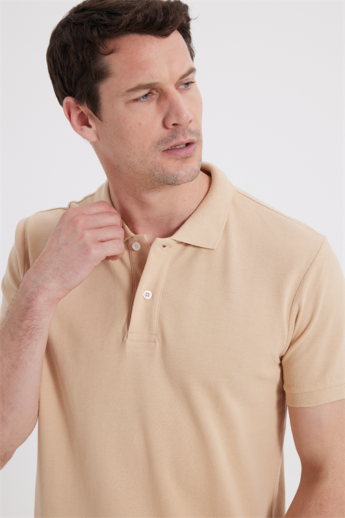 Erkek Slim Fit Dar Kesim %100 Pamuk Kısa Kollu Polo Yaka Bej Tişört