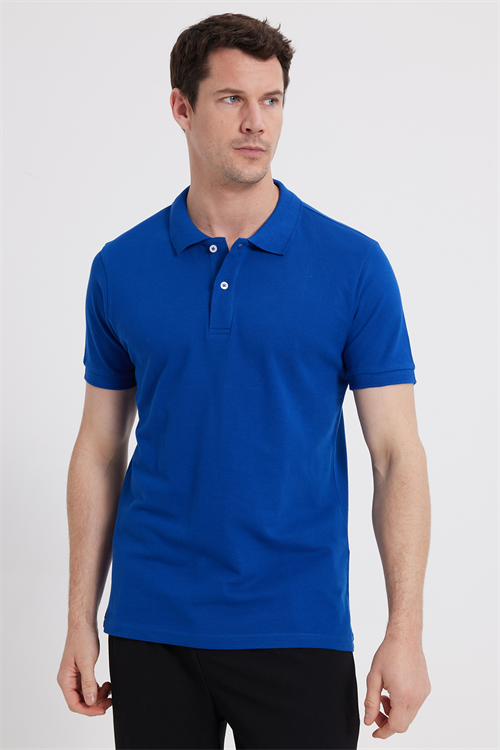 Erkek Slim Fit Dar Kesim %100 Pamuk Kısa Kollu Polo Yaka Lacivert Tişört