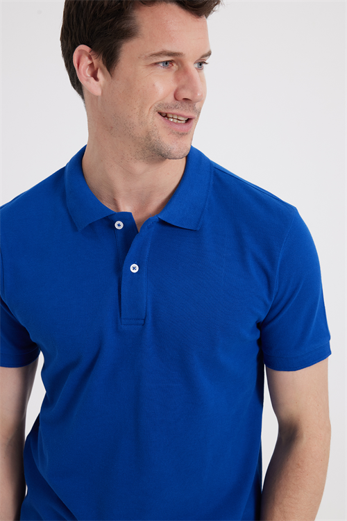Erkek Slim Fit Dar Kesim %100 Pamuk Kısa Kollu Polo Yaka Lacivert Tişört