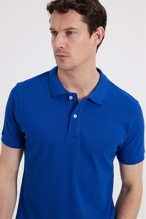 Erkek Slim Fit Dar Kesim %100 Pamuk Kısa Kollu Polo Yaka Lacivert Tişört