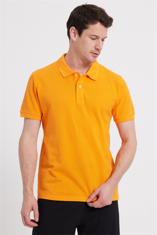 Erkek Slim Fit Dar Kesim %100 Pamuk Kısa Kollu Polo Yaka Turuncu Tişört
