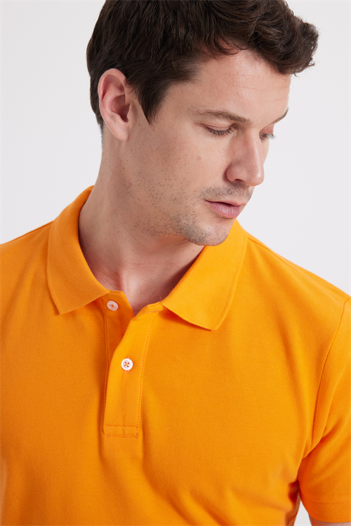 Erkek Slim Fit Dar Kesim %100 Pamuk Kısa Kollu Polo Yaka Turuncu Tişört