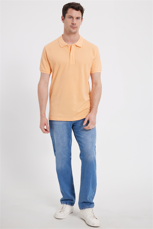 Erkek Slim Fit Dar Kesim %100 Pamuk Kısa Kollu Polo Yaka Turuncu Tişört