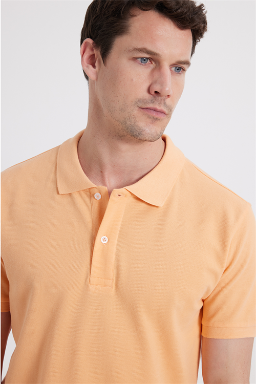 Erkek Slim Fit Dar Kesim %100 Pamuk Kısa Kollu Polo Yaka Turuncu Tişört