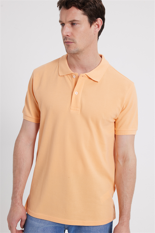 Erkek Slim Fit Dar Kesim %100 Pamuk Kısa Kollu Polo Yaka Turuncu Tişört