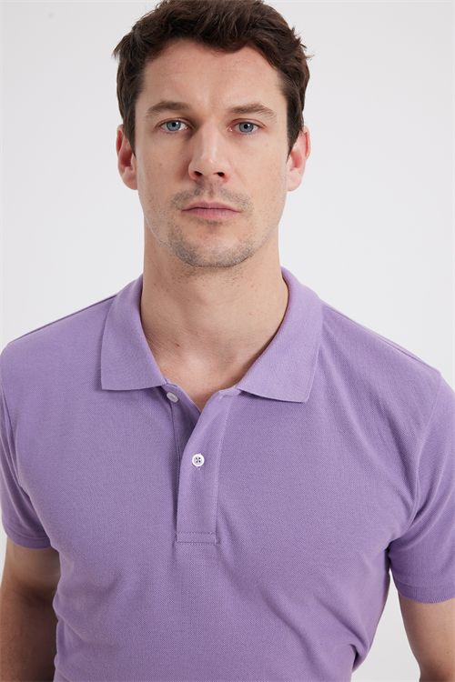 Erkek Slim Fit Dar Kesim %100 Pamuk Kısa Kollu Polo Yaka Mor Tişört
