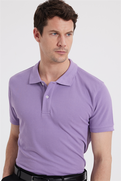 Erkek Slim Fit Dar Kesim %100 Pamuk Kısa Kollu Polo Yaka Mor Tişört