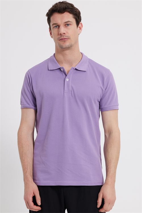 Erkek Slim Fit Dar Kesim %100 Pamuk Kısa Kollu Polo Yaka Mor Tişört