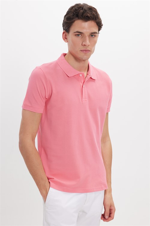 Erkek Slim Fit Dar Kesim %100 Pamuk Kısa Kollu Polo Yaka Pembe Tişört