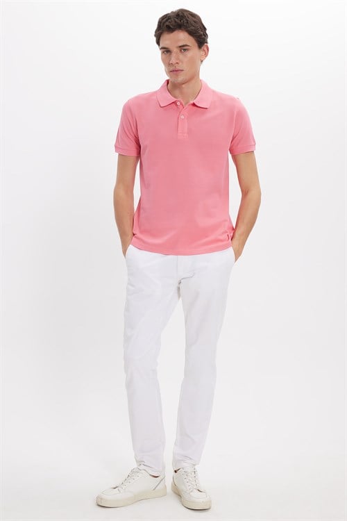 Erkek Slim Fit Dar Kesim %100 Pamuk Kısa Kollu Polo Yaka Pembe Tişört